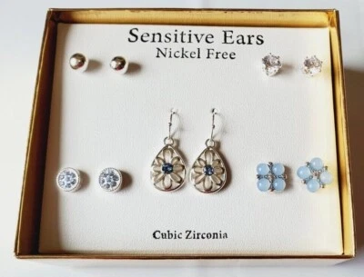 Kohl's Stud Back Earrings 5 Pair Sensitive Ears Balls Studs Blue CZ's Dangle  - Image 1 of 2