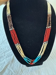 Native American 5 Strand Red Coral Heishi Turquoise Bead Necklace 28" - Picture 1 of 9