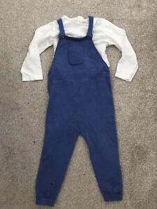 Matalan boys 18-24 months long sleeve white top and knitted blue dungarees set