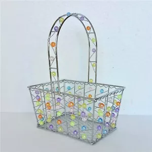 Wire Basket NEW Decorative Pearlescent Beads Silver Tone Metal Wire Beautiful! - Picture 1 of 8