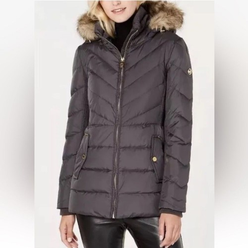 Michael Kors Giacca Cappotto Piumino Cappuccio Ecopelliccia Grigio Gunmetal