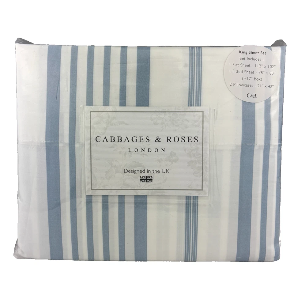 Cabbages & Roses KING Striped Sheet Set Cotton Percale Blue White JOLLY STRIPE - Image 1 of 4