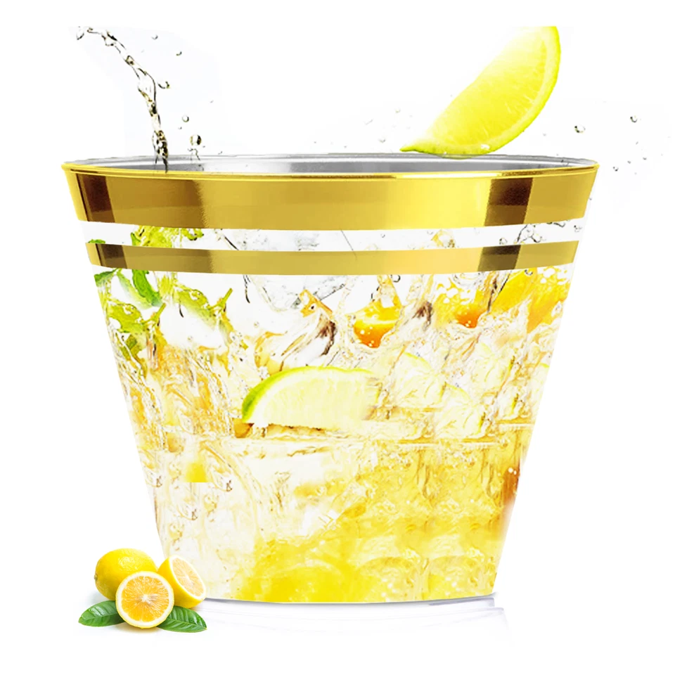 100 Double-Rimmed Gold Plastic Cups 9 Oz Clear Plastic Cups - Image 1 of 4