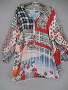 Johnny Was Top Womens Extra Large Red Blue Silk Floral Plaid Patchwork Button - Picture 1 of 23