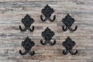 6Pcs Vintage Type Cast Iron Wall Hooks Hat Coat Pan Hanging Double Kitchen Hook - Picture 1 of 10