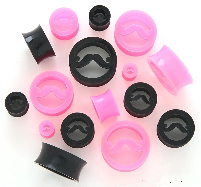 1 Pair Pink Mustache Flex Silicone Ear Skin Tunnels 9/16" 14mm Plugs Gauges 193 Foto 1 de 1