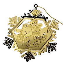 Figis Gold Metal Laser Cut Ornament Bear On Wagon Of Presents VTG 