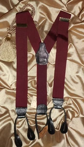 Suspenders Burgundy Button On Black Leather Lizard Medal Ribbon New W Tags - Picture 1 of 2