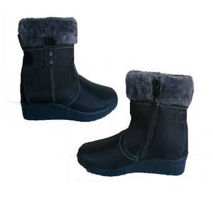 LADIES WOMENS BLACK ANKLE BOOTS LOW WEDGE HEEL SIDE ZIP FAUX FUR LINING SPRUCE - Picture 1 of 6