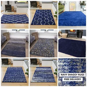 Royal Navy Blue Shaggy Rugs Warm Soft Non Shed Trellis Geometic Living Room Rugs - Picture 1 of 30