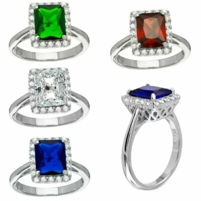 Argento Sterling Halo Zirconi Pietre Donna Anello W/ 8 MM (3 KT) Taglio Princess - Immagine 1 di 4