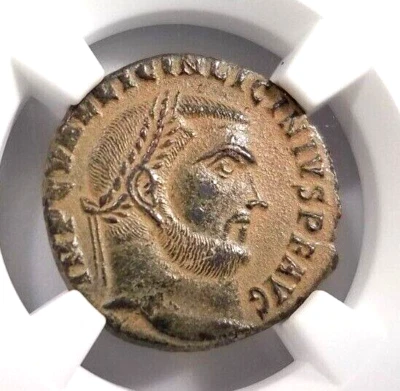Licinio I Imperio Romano Nummus NGC AU Antiguo Bastón de Pájaro Hombre Constantino Foto 1 de 4