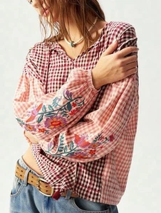 Gingham broderie Boho Indian cotton Embroidered Tunic Kaftan Top 14-16 White - Picture 1 of 9