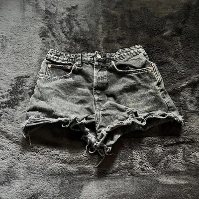 Zara Distressed Black Denim Shorts Few Hidden Buttons - Indie Grunge Alternative - Image 1 of 4
