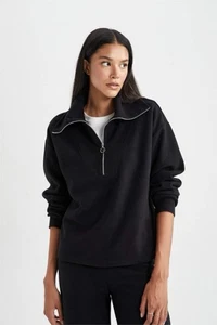 Defacto Black Quarter Zip Sweatshirt Women’s Size M Regular Fit Long Sleeve - Picture 1 of 12