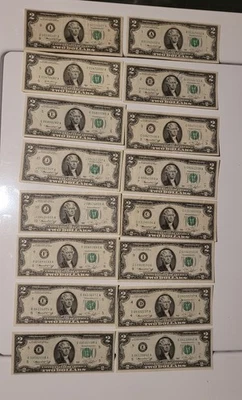 lot of 16 - 1976 $2.00 Notes All with "LOW" Serial Numbers - Circulated - Image 1 of 4