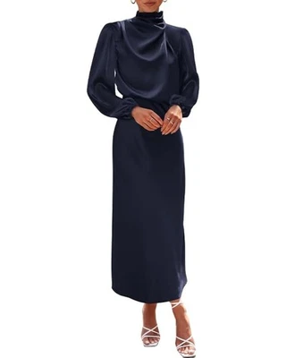 Vestido de satén BTFBM para mujer cuello falso verano otoño 2025 manga larga cintura alta para... Foto 1 de 4