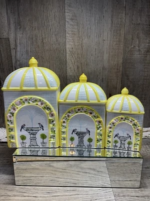 Vintage Enesco Canister Set Fountain Bird Bath w/Arch Dome Lids JAPAN EUC - Image 1 of 4