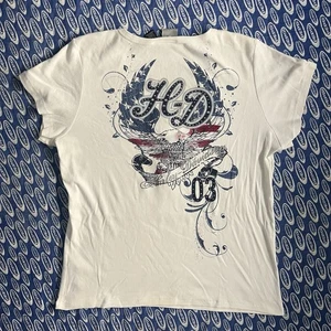 Y2K 2000s Harley Davidson Women’s Eagle Rhinestone USA Button T Shirt White 2W - Picture 1 of 11