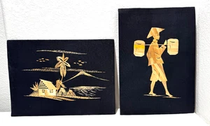 Vintage asiatische Bambus Stroh Kunst Paar 2 auf schwarzem Leinen 10,5"x15" - Bild 1 von 11