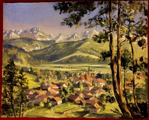 Ölgemälde Partenkirchen vor Dreitorspitze auf Karton, signiert, ungerahmt - Picture 1 of 4