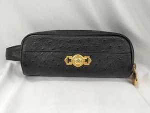 Gianni Versace Black Embossed Leather Gold Zipper Pen Case Italy Men - Picture 1 of 10