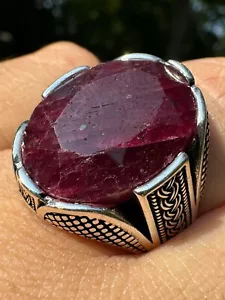 Natural Ruby Gemstone Mens Real Solid 925 Sterling Silver Oval Ring Big 18ct - Picture 1 of 24