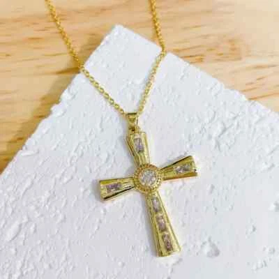 Fashion White Copper Cross Pendant Necklace Fashionable Holiday Gift Trendy New - Image 1 of 3