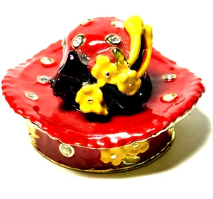 DAMENHUT SCHMUCK EMAILLIERT SCHMUCKKÄSTCHEN-STRASSSTEINE-ROT-METALL-UNIKAT LOOK-GEBRAUCHT - Bild 1 von 11