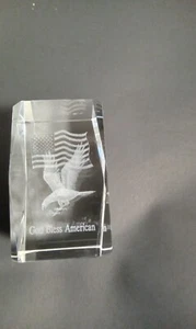 God Bless America Eagle with American Flag Etched Crystal Glass Paperweight - Picture 1 of 7