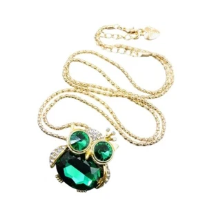 Betsey Johnson Necklace Brooch Green Crystal Owl Pendant Gold Tone - Picture 1 of 2