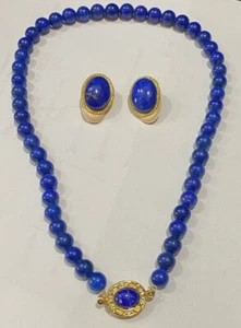 Vintage Blue Lapis Lazuli Beads pendant Necklace with Matching Clip Earring - Picture 1 of 7