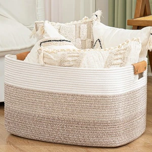 Blanket Basket, 72L Woven Storage basket with Leather Handle, Eco-friendly De... - Picture 1 of 9