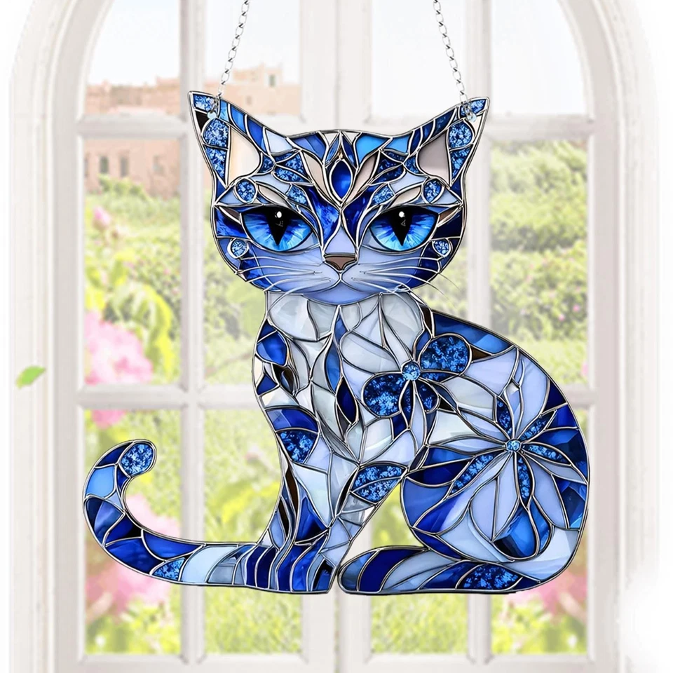Ornamento apanhador de sol gato 8 polegadas pendurável 2D acrílico azul branco gatos sol moderno - Imagem 1 de 4