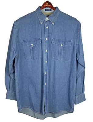 Cutter & Buck Mens Shirt L Denim Chambray Long Sleeve Button Front Flag Blue NEW - Image 1 of 4