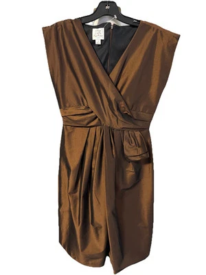 Suzi Chin for Maggy Boutique Brown Mock Wrap Dress Size 4 Soft Pleats At Waist - Image 1 of 4