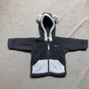 Patagonia Furry Friends Fleece Hoodie Jacket Baby 3-6M Gray White Full Zip Ears - Picture 1 of 14
