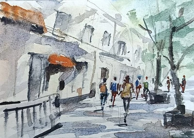 original watercolor painting ACEO town street architecture Buildings figure SIBY - Image 1 of 3