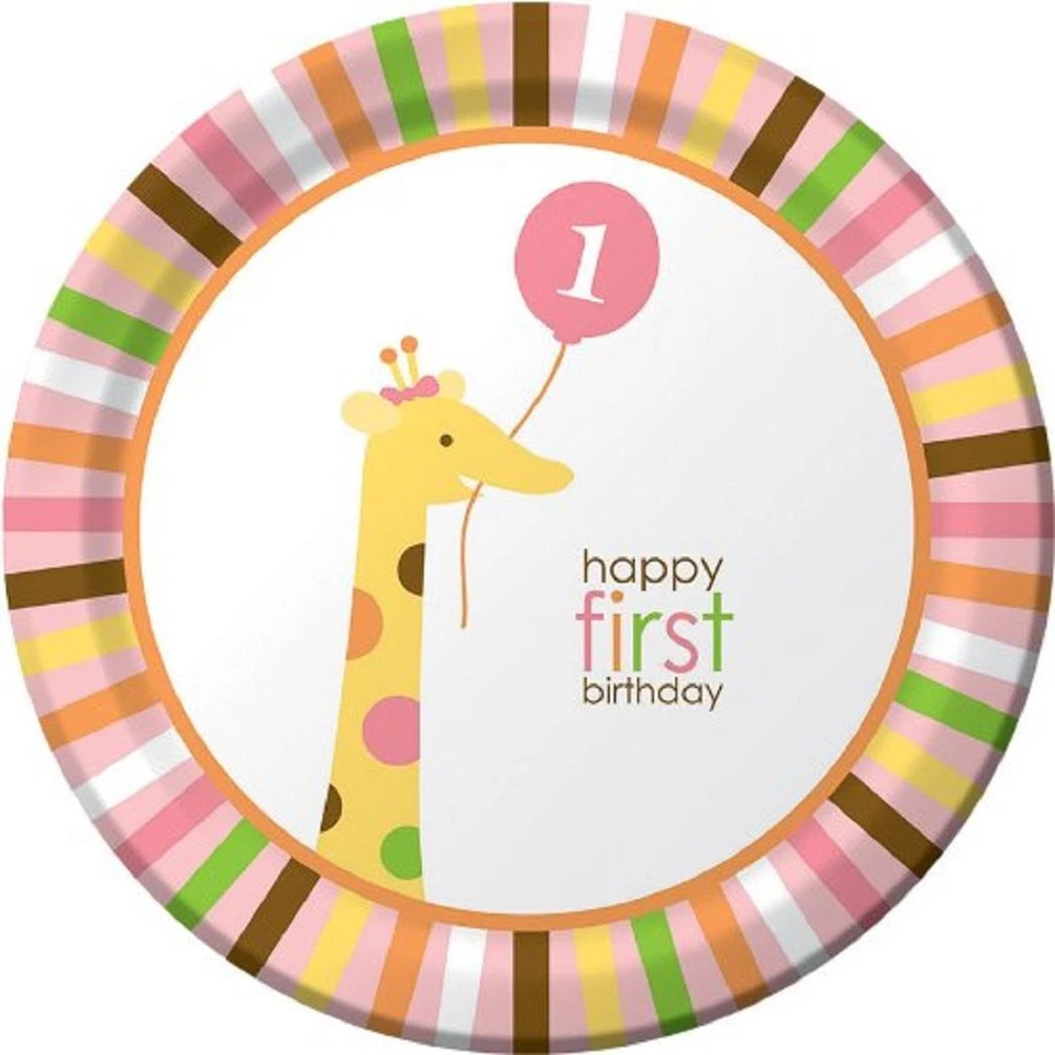 Sweet at One Girl Pink Zoo Animal 1st Birthday Party 9" Paper Dinner Plates - Image 1 of 1