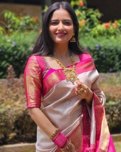 Camicetta Sari di seta da sposa designer Sari Bollywood abbigliamento da festa indiano meridionale sari - Foto 1 di 5