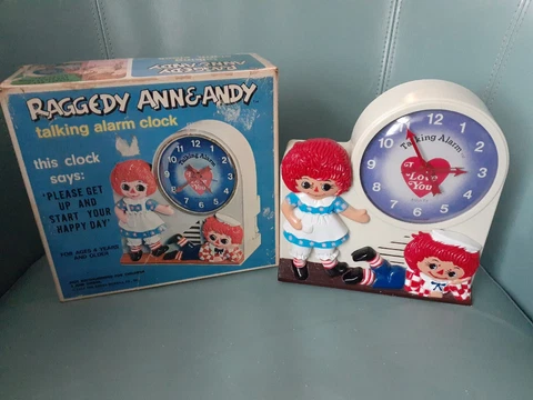 Working Raggedy Ann Andy Wind-Up Talking Alarm Clock w/ Original Box. Tics/Talks Cover