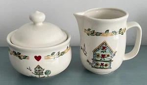 Thomson Keramik Vogelhaus Zuckerdose/Deckel & Milchkännchen Set Vintage Herz Rebe - Bild 1 von 8