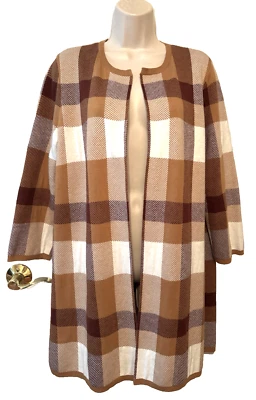 LOFT Women's Open Front Cardigan Sweater  100% Cotton Size L Petite Brown Plaid - Image 1 of 4