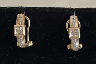 14k Yellow Gold Diamond Huggie Hoop Earrings Omega Backs Sm/M Ear Lobe Read *232 - Image 1 of 4