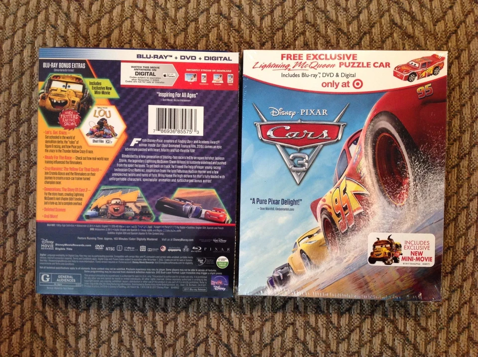 New DISNEY PIXAR CARS 3 BLU-RAY + DVD + DIGITAL HD + McQUEEN PUZZLE CAR TARGET - Image 1 of 1