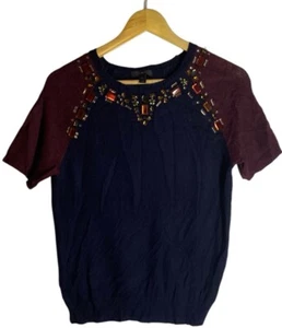 J.CREW Navy Jewel Embellished Short Sleeve Alpaca Wool Pullover Top Size Small - Picture 1 of 7