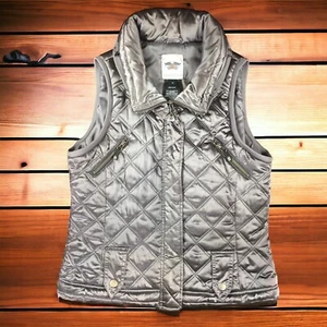 Womens Harley Davidson Snap Zip Vest Sz M Chrome Silver Hooded Biker Legend Grey - Picture 1 of 11