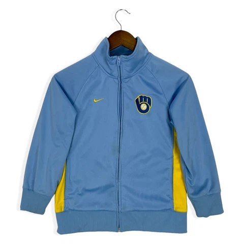 Nike Milwaukee Brewers Jacket Kid Size S Blue Full Zip Baseball Retro Sweatshirt Cover