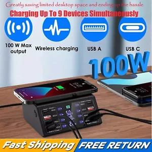 100W 8 Port Multi USB-C PD QC3.0 Fast Charger Phone Wireless Charging Station - Picture 1 of 11