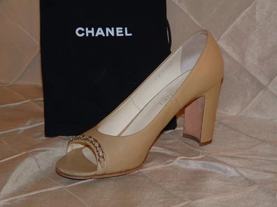 CHANEL TAN CLASSIC COCO OPEN TOE PUMP SZ 42 OR SZ 11 EUC+ HEEL LOGO - Image 1 of 4